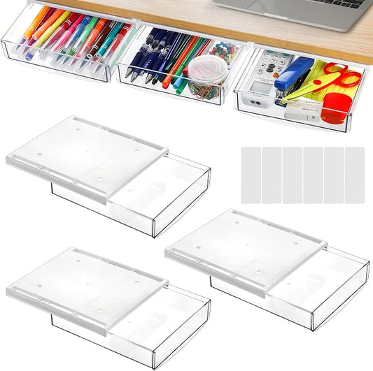 SOUJOY 3 Pack Under Desk Drawer, Self-Adhesive Slide Out Organizer Tray, Plastic Stick On Table Hidden Attachable Drawer Tray for Office Home School Kitchen
