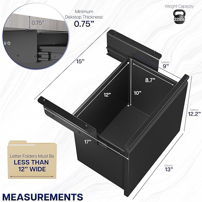 VIVO Filing Cabinet Under Desk, Metal Office Storage Drawer, Holds 22 lbs, for 8.5 x 11 inch Letter-Size Folders, Black, MOUNT-FCD1S-B