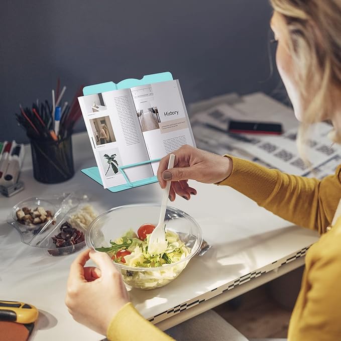 Honagu Metal Desk Book Holder, Hands Free Adjustable Cookbook & Document Holder, Ideal for Music Books, Textbooks, Recipes, Tablets & iPads (Light Lake Green)