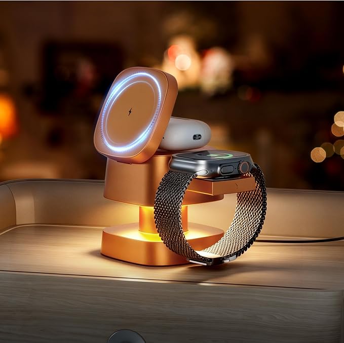 4 in 1 Charging Station for Apple Devices, 3 in 1 Wireless Charger Stand with Night Light for iPhone 17/16/15/14/13/12 Pro Max, Watch AirPods, 15W MagSafe Magnetic Charging for Bedroom Office (Orange)