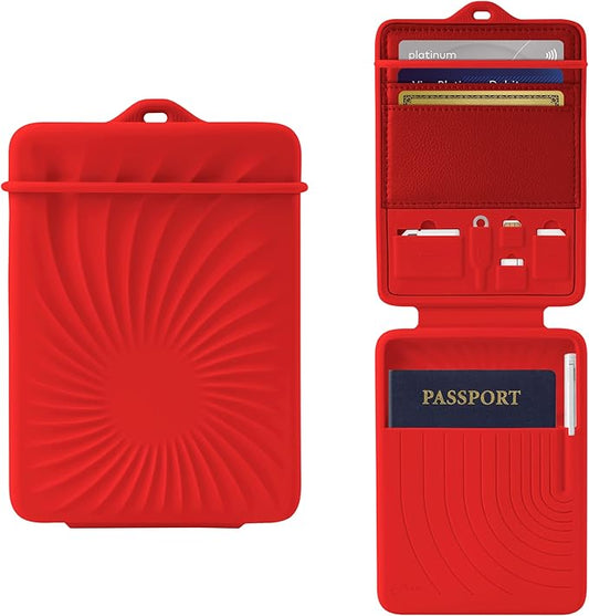 Bone Lanyard Passport Holder, Passport Cover with Travel Gadget Set & Card Slots, Duel-Sided Passport Wallet with Leather & Premium Silicone (Red)