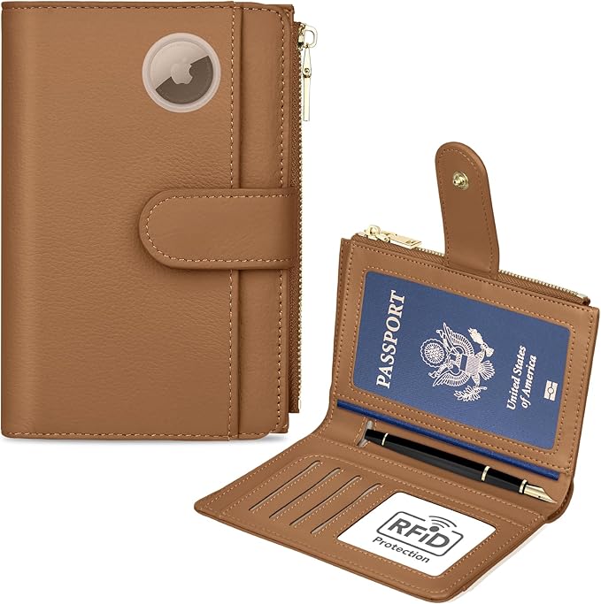 Passport Holder for Travel, Leather Passport Wallet with Airtag Slot, RFID Blocking Travel Wallet for Women Men, Passport Cover with Air Ticket Card Cash Coin Pocket, Travel Essentials Gift
