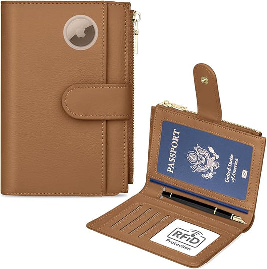 Passport Holder for Travel, Leather Passport Wallet with Airtag Slot, RFID Blocking Travel Wallet for Women Men, Passport Cover with Air Ticket Card Cash Coin Pocket, Travel Essentials Gift