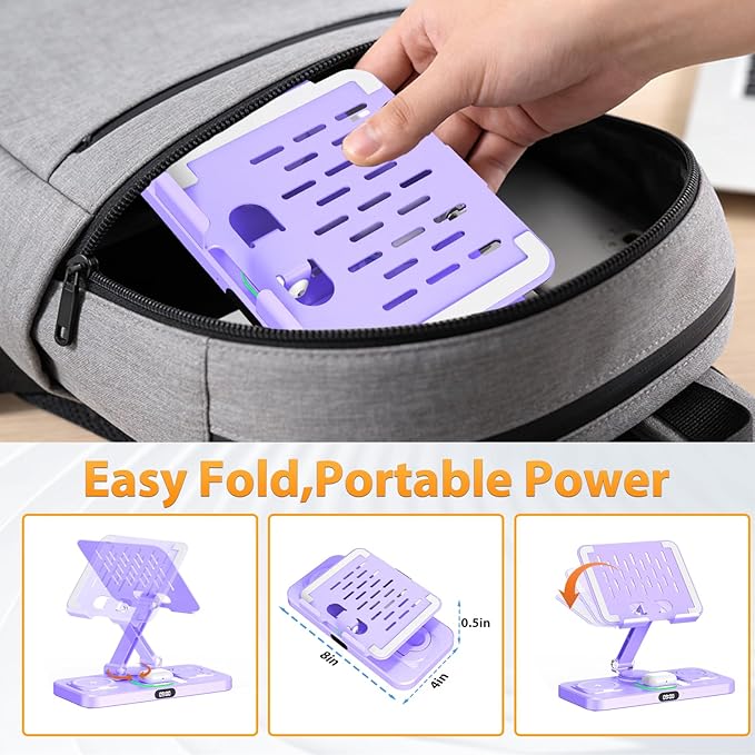 30W Charging Station for Apple Products, Foldable Wireless Charger with Clock Display&7 Color Light, Wired Charging for iPad/Tablet Charging Station for iPhone17, for Apple Watch11 for AirPods4(Purple