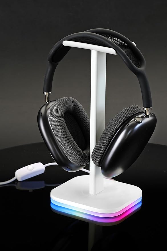 RGB Headphone Stand for Gaming – Modern Aluminum Headset Holder for Desk - Sleek Display for Over-Ear Headphones (Accessory )– Gift for Boys- White