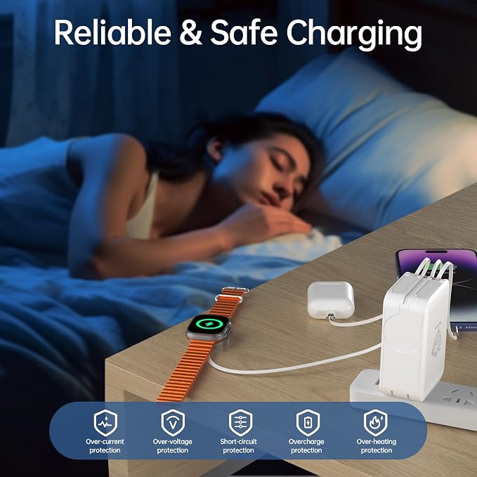 Retractable Apple Watch Charger, 5 in 1 Wall Charger with 3 Retractable Cables for Older iPhones & USB-C Devices, 35W Foldable Charger Block for iPhone 17/16/15/14, iPad, AirPods