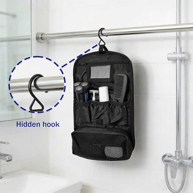 Hanging Toiletry Bag for Men Women, Travel Makeup with Mirror and Hook, EDC Military Tool Pouches Small Dopp Kit Mens Shaving Kit Travel shower Bags Black