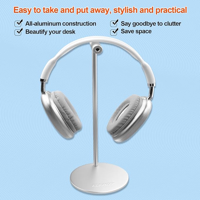 Aluminium Headphone Stand, Silver Desktop Holder for Over-Ear Headphones, 98mm Round Base, 280mm Height, 80mm Support Arm, with Installation Tools