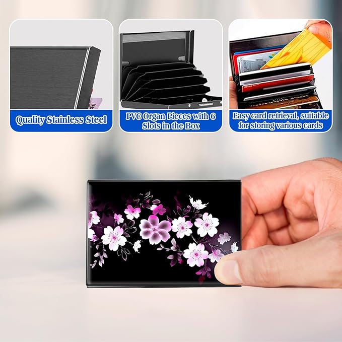 RFID Blocking Credit Card Holder - Slim Metal Wallet for Women & Men,Pink White Flowers Design Stainless Steel Business Card Case,Compact Pocket Organizer for Travel & Daily Use