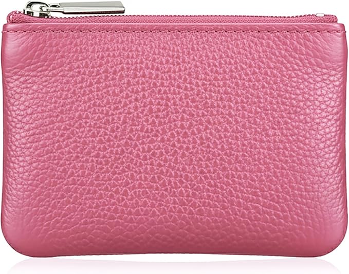 Hibate Pink Small Leather Coin Purse Change Pouch for Women Men Kids with Zip Key Ring