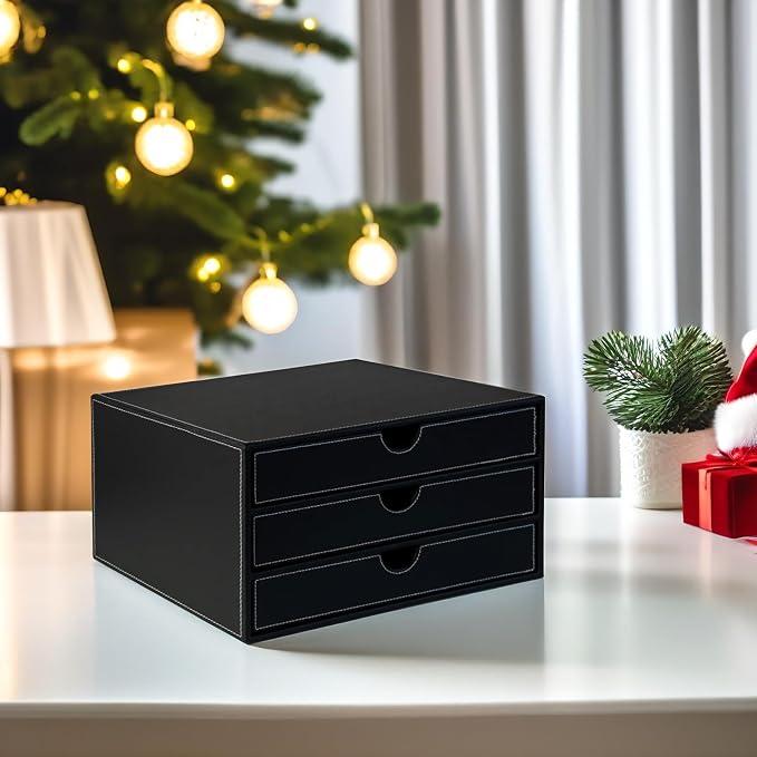 UnionBasic Document Organizer, 3-Drawer File Cabinet Document Storage Box, Office Desktop Filing Organizer, Black with White Stitching