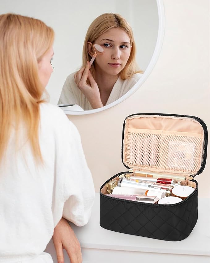 Relavel Travel Makeup Bag, Large Cosmetic Bag with Separate Makeup Brush Compartment, Cute Make Up Pouch for Women, Double Layer Toiletry Organizer Bag for Travel - Black
