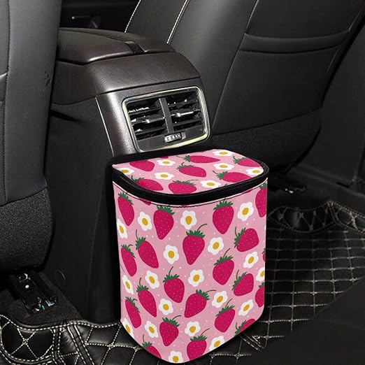 Talayituse Strawberry Flower Print Car Trash Bin, Laege Size Auto Trash Can Adjustable Portable Garbage Can with Lid, Vehicle Hanging Bag for Headrest Front Back Seat, Pink
