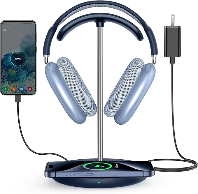 Miroddi Headphone Stand with Wireless Charger, Independent USB Charging Port, 5 in 1 Charging Station Headset Holder Rack for iWatch, iPhone, Samsung and Desk All Headphones, Dark Blue
