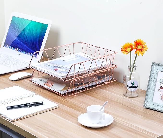 PAG Set of 2 Office Supplies Metal Stackable File Document Letter Tray Organizer for Desk, Rose Gold