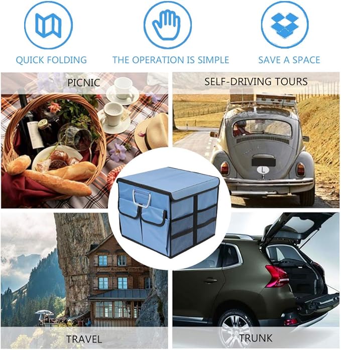 Car Trunk Organizer Collapsible Portable Multi Compartments Organizer with Non Slip Straps for SUV Truck Auto Vehicle Car Auto Minivan (Small covered, Blue)