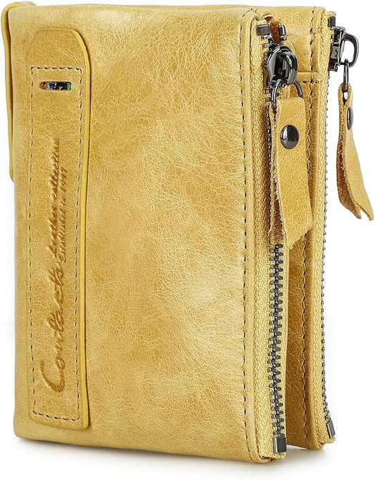 CONTACTS Soft Leather Wallet for Women Small Bifold Coin Purse Double Zipper Card Holder with RFID Blocking (Yellow)