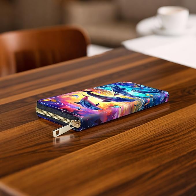 RFID-Blocking Zip Around Wallets for Women with Detachable Wrist Strap,Large Capacity Phone Holder with Card Organizer & Coin Pocket,Dolphins and Butterflies