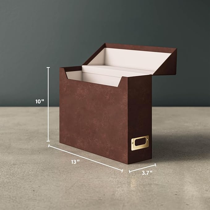 Smead Flip Top File Box, 10" x 3.7" x 13", Brown Vegan Leather, Gold Metal Nameplate (70234)