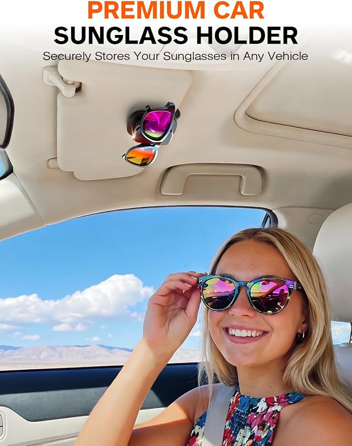 Sunglass Holder for Car Visor, One-Handed Operation Leather Sunglasses Clip with Soft Padding, Auto-Clamping Eyeglasses Organizer for Sun Visor, Universal Car Accessories (Black)