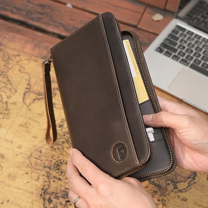 Polare Full Grain Leather Family Passport Holder Travel Documents Organizer RFID Blocking Wallet with Coin Pouch and AirTag Slot Fits 6 Passports