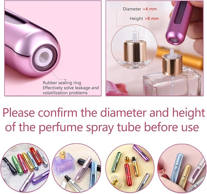 opasyo 4 Pcs Mini Perfume Atomizer Refillable Bottle, 5ml Portable Bottom Fill Scent Dispenser, Leak-Proof Cologne Travel Spray Pump for Purse & Luggage (Silver/Pink/Blue/Black)