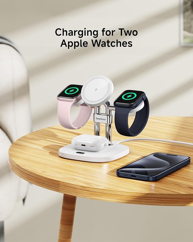 Dual Fast Charger for Apple Watch 11, Magnetic Wireless Charger Stand for iPhone Air/17 Pro Max/17 Pro/17/16/15/14, Charging Station for Apple Watch Ultra 3/SE 3/10/9/8/7/6, Airpods, SwanScout 709M