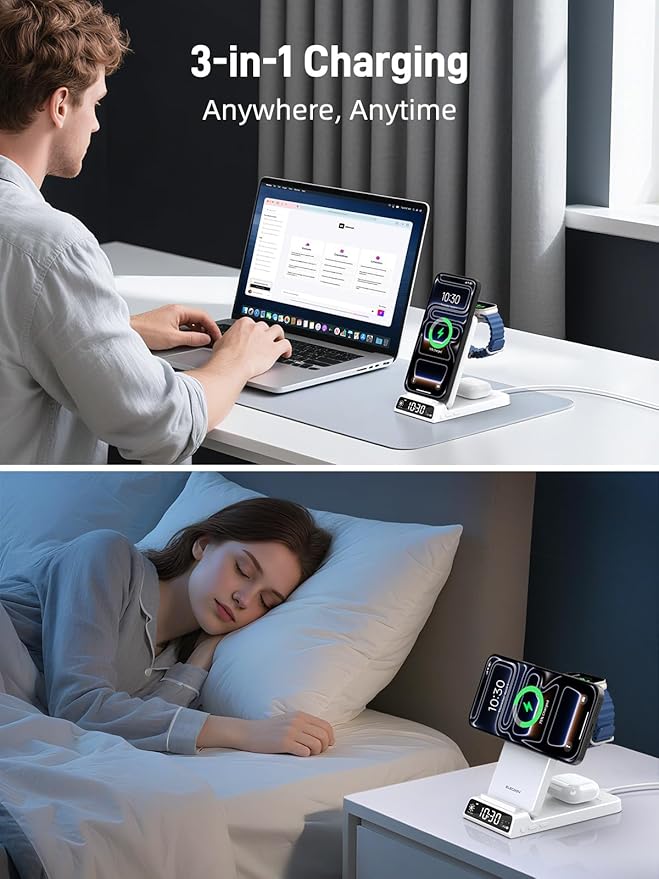 3 in 1 Charging Station for Apple, Magnetic Charger for iPhone, Foldable Wireless Charger with Clock, Travel Watch Charger Stand for iPhone 17/Air/16/15 Series, iWatch 10/AirPods 4 (White)