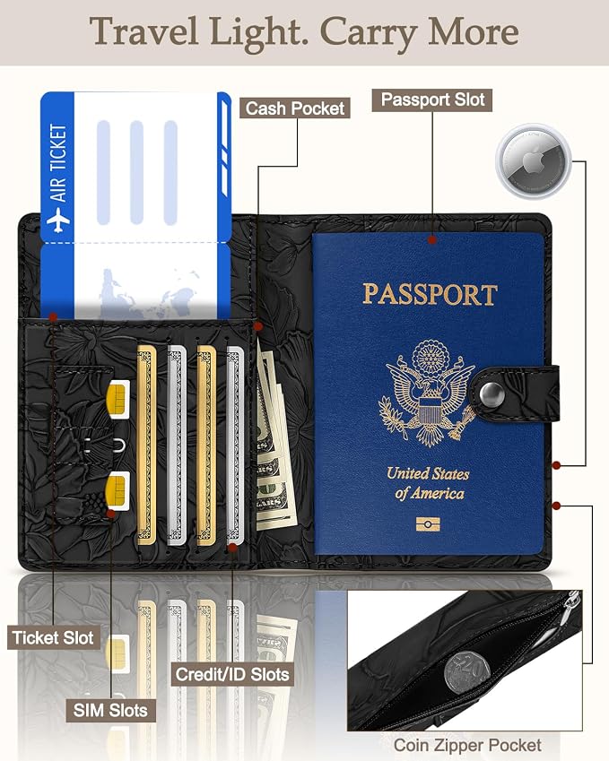 Slohif Floral Embossed Passport Wallet - Elegant Passport Wallet with AirTag Holder & RFID Blocking Slim Vegan Leather Passport Cover with Money Pocket and Card Slots Matte Black
