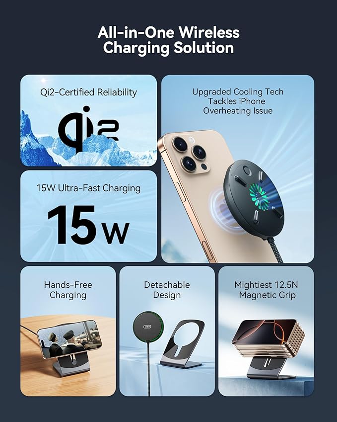 INIU Magnetic Wireless Charger Stand, Qi2 Certified 15W Mag-Safe Wireless Charging Pad with Cooling Fan, Fast Charging Pad for iPhone 17 16 15 14 13 12 Series AirPods 4 3 2 Pro (with Adapter)