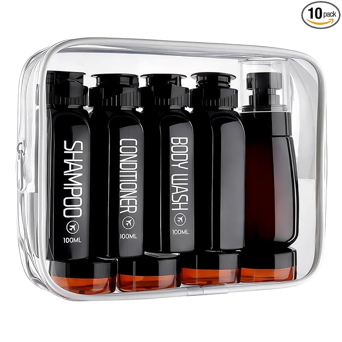 Cosywell Travel Bottles for Toiletries 10PCS 100ml/3.4oz Pre-Printed Shampoo, Conditioner & Body Wash TSA Approved 2oz Spray Bottle Leakproof 0.35oz Plastic Cream Jars Refillable Cream Lotion(Black)