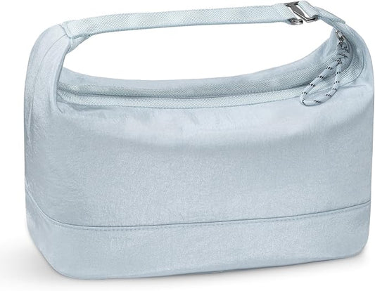 HauteHues Travel Makeup Bag for Women, Roomy Cosmetic Bag and Toiletry Bag with Wide Open Design, Soft Nylon Pouch for Makeup, Skincare, Toiletries, Gym, Carry-On and Weekend Trips, Gray Blue