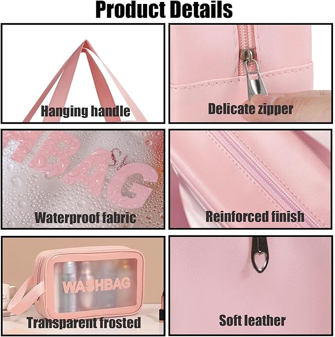 BIRDDIE Clear Travel Bags for Toiletries,3 Pack Toiletry Bag,Matte Translucent Toiletry Bag,Makeup Bag With Handy Handle,Travel Pouch,Makeup Cosmetic Organizer for Travel Essentials(Pink)
