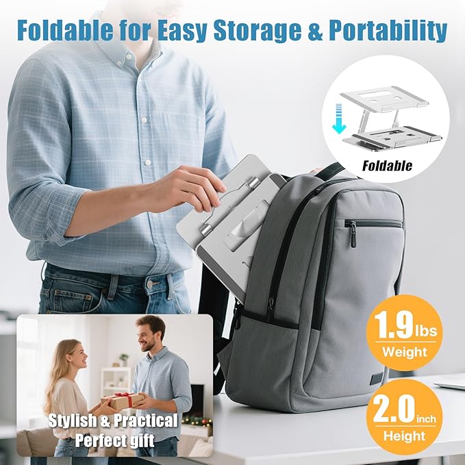 Laptop Stand for Desk, Adjustable Height & Angle Portable Aluminum Laptop Riser & Monitor Stand with 360° Swivel, Foldable Ergonomic Computer Stand for 10-17 Inch Laptops (MacBook/Dell/HP), Silver.