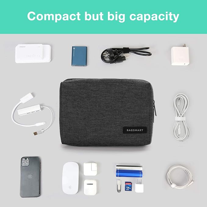 BAGSMART Electronics Organizer Travel Case, Small Cord Bag for Travel Essentials, Tech bag for Men Women, Cable Organizer for Phone, SD Card, Black