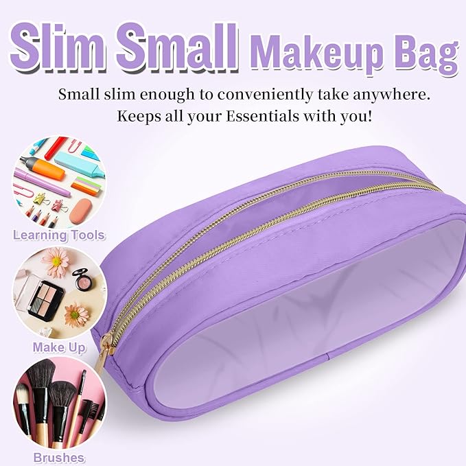 Nylon Small Clear Makeup Bag Slim Pencil Pouch, Cute Makeup Bag Preppy Cosmetic Zipper Pouch Pencil Case for Purse, Travel PVC Toiletry Bag Clutch Coin Pouch Makeup Organizer for Women Girls(Purple)