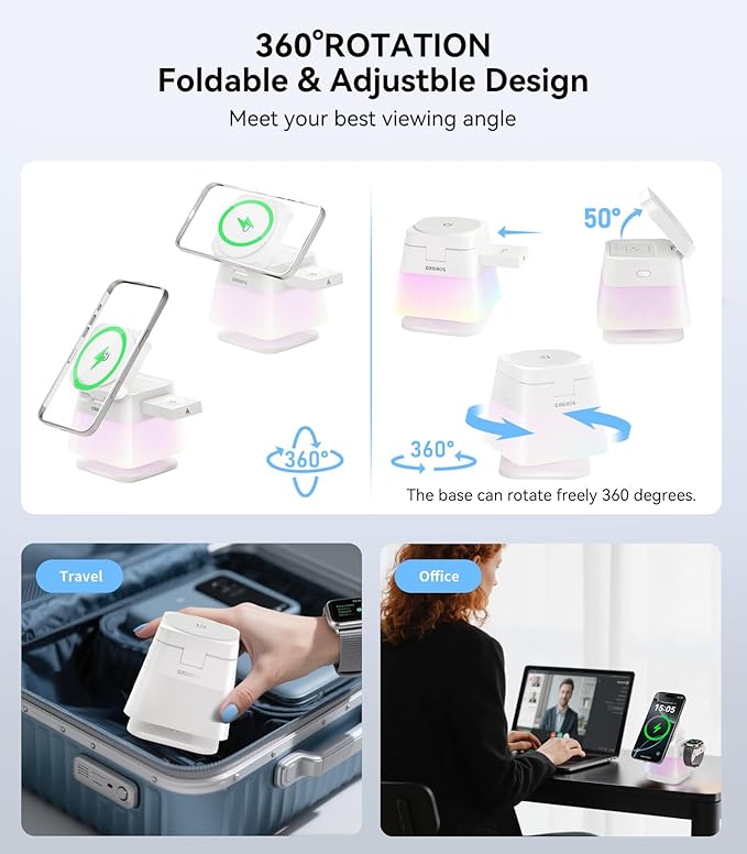 4 in 1 15W Charging Station for Apple, Magnetic Wireless Charger Stand [Colorful Night Light], Rotatable Charger Station for iPhone 17/16/15/14/13, Apple Watch, AirPods(Adapter Included)