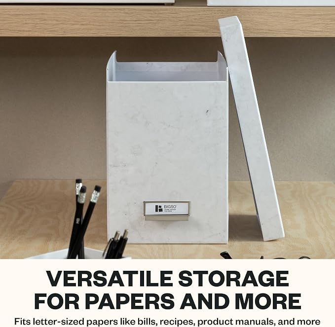 Bigso John Fiberboard Label Frame Desktop File Storage Box - Document Organizer for Important Paperwork - Durable Hanging File Box with Lid & Metal Label Window - 7.36 x 13.38 x 10.51 in - Marble