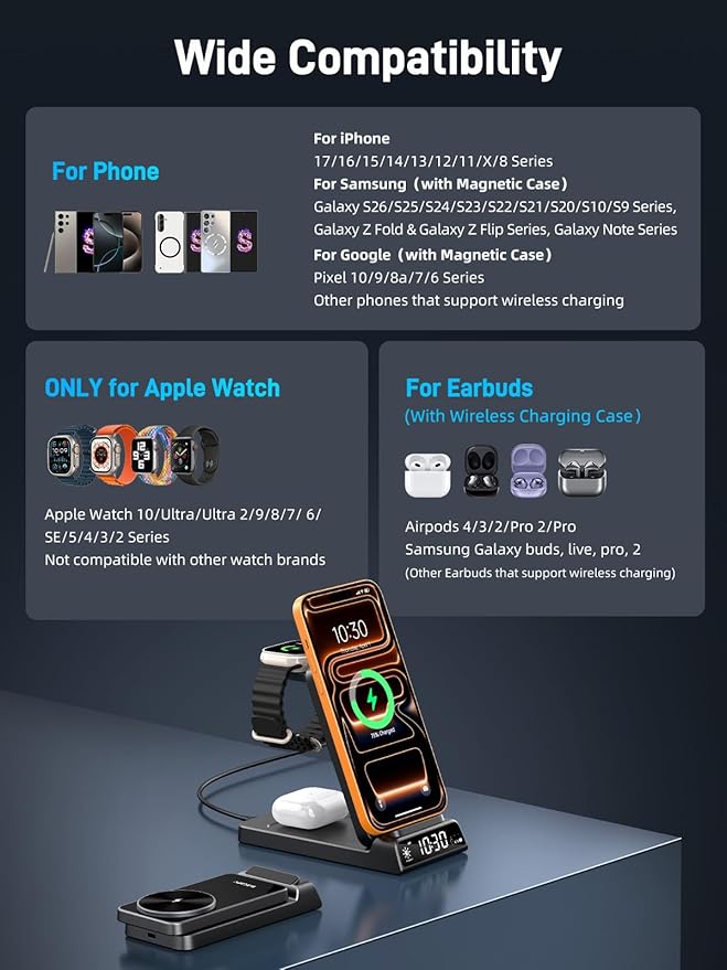 3 in 1 Charging Station for Apple, Magnetic Charger for iPhone, Foldable Wireless Charger with Clock, Travel Watch Charger Stand for iPhone 17/Air/16/15 Series, iWatch 10/AirPods 4 (Black)