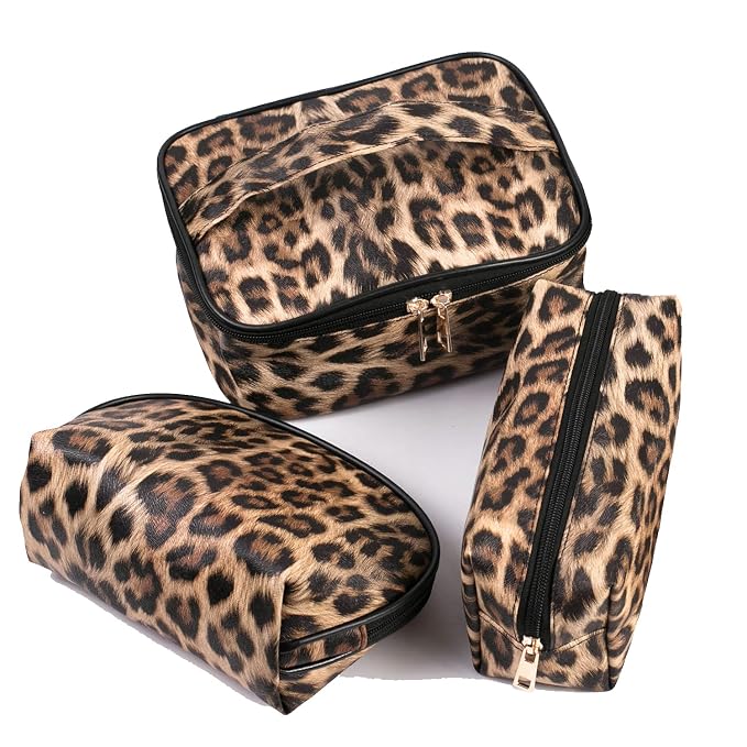 FITINI Makeup Bag Leopard 3 Pack Travel Toiletry Bag Portable Cosmetic Pouch Organizer with Small Brush Holders Gold Zipper Waterproof Storage Case for Women and Girls