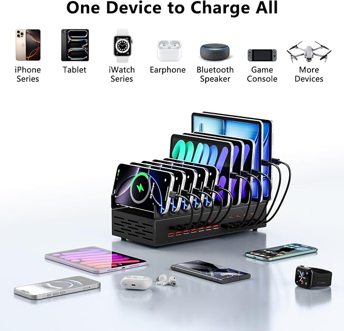 300W Charging Station with 24 Ports,USB Fast Charger for Multiple Devices,Multi Charger Station Organizer Compatible with Smart Power Delivery,Phone,Tablet,Charging Station for Home,Office,School