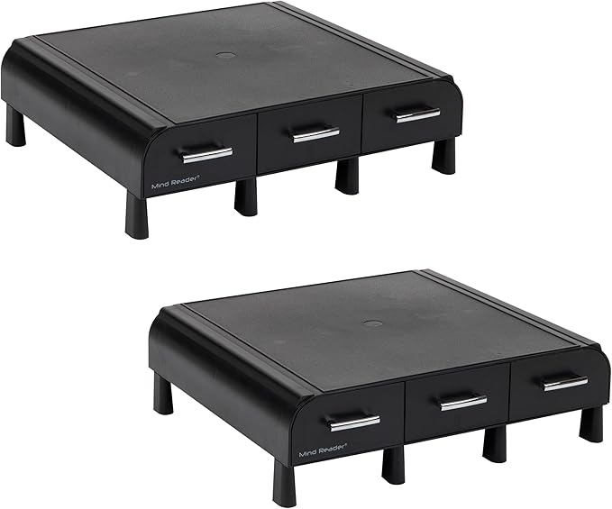 Mind Reader Monitor Stand, 3 Storage Drawers, Desktop Organizer, Riser, Office, 13.5"L x 13"W x 4"H, Set of 2, Black