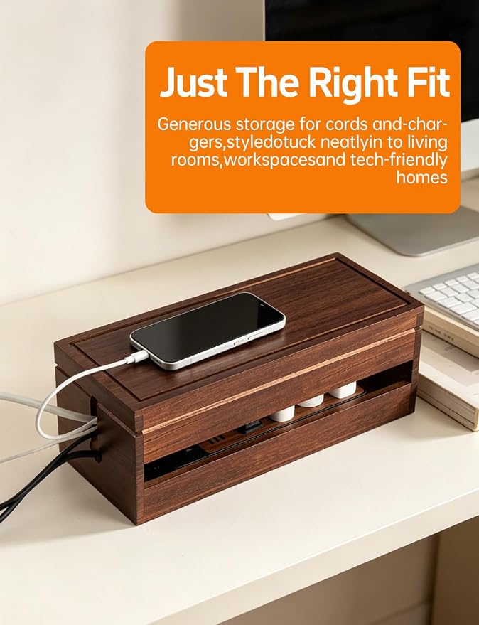 Wood Cable Management Box, Wire Organizer & Cable Hider Box with Lid, Power Strip Protector Boxs for Desk, Floor, Home, Office & Extension Leads – Decorative Cord Organizer