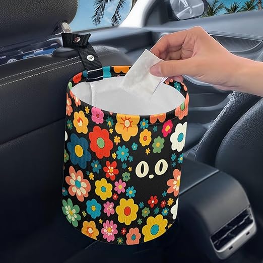 Black Cat Florals Car Trash Can Collapsible Auto Trash Bin Multipurpose Rubbish Holder Christmas Decoration for Front Seat, Back Seat, Floor, Headrest