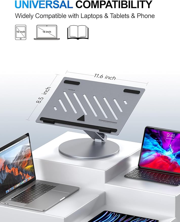 YICOSUN Adjustable Laptop Stand for Desk - 360° Rotating Ergonomic Riser with Aluminum Cooling Vents & Sturdy Construction for 10-16 Inch MacBook Pro/Air, Foldable Portable for Office & Home - Gray