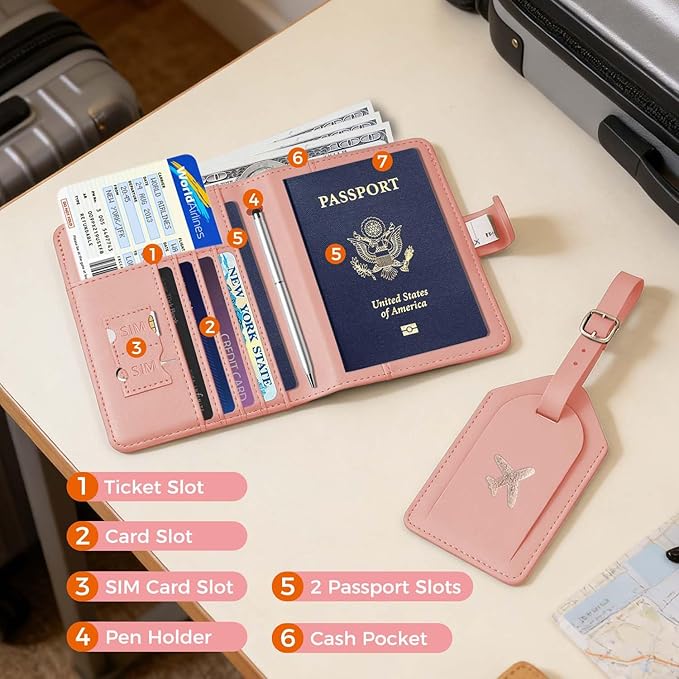 Melsbrinna Rfid Passport Holder for Travel women/Men Set Travel Suitcase Tag, Cute Passport Wallet Rfid Blocking Card Slots, Rfid Passport Cover/CaseTravel Wallet (new pink)