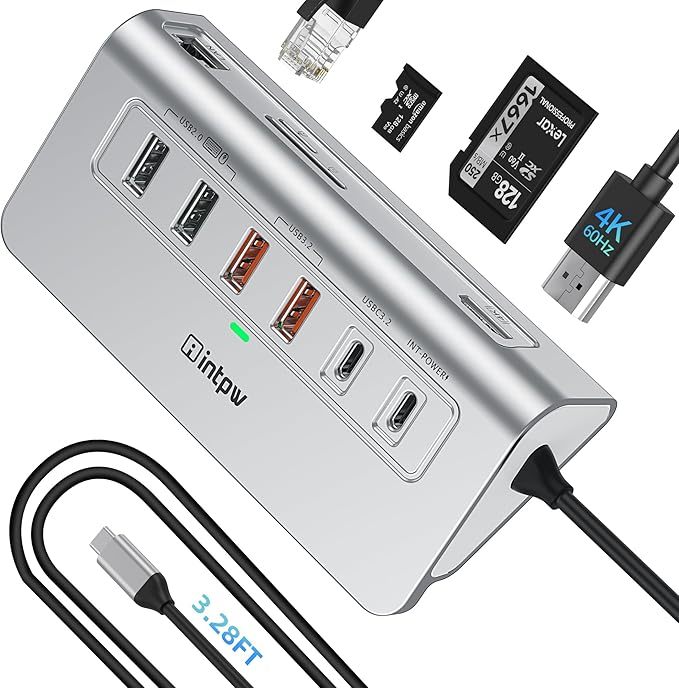 P9R PRO USB C Hub Ethernet, 10Gbps USB C Docking Station 10-in-1 with Type-C & 2 Type-A 3.2 Data, LAN, 4K@60Hz, 2 USB A 2.0, PD 100W, SD/TF Ports, 3.28FT Powered USB Hub for PC, iPhone 17, Mac