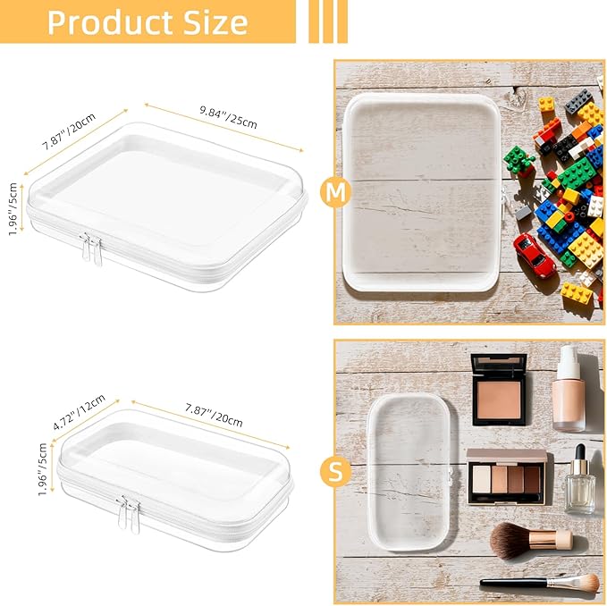 Clear Hard Shell Zipper Case,Clear Toy Storage Pouch,Waterproof Transparent Organizer Comestic Case for Travel, Office, Home(White, M+2*S)