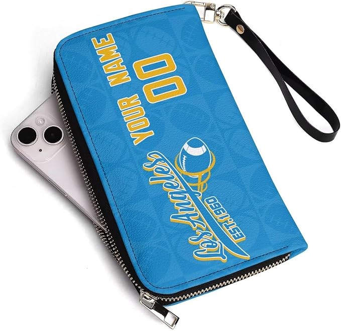 Custom Sports Team Zip Organizer Wallet-Personalized PU Leather Wallet with Name Number,Multi-Card Slots,Wrist Strap,Fan Gift for Men Women.