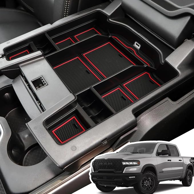 Center Console Organizer for 5th Gen 2026 2025-2019 Ram 1500 2500 3500(Full Console w/Bucket Seats Only), ABS Storage Box, Middle Console Tray Organizer, Insert Container Pallet-Red